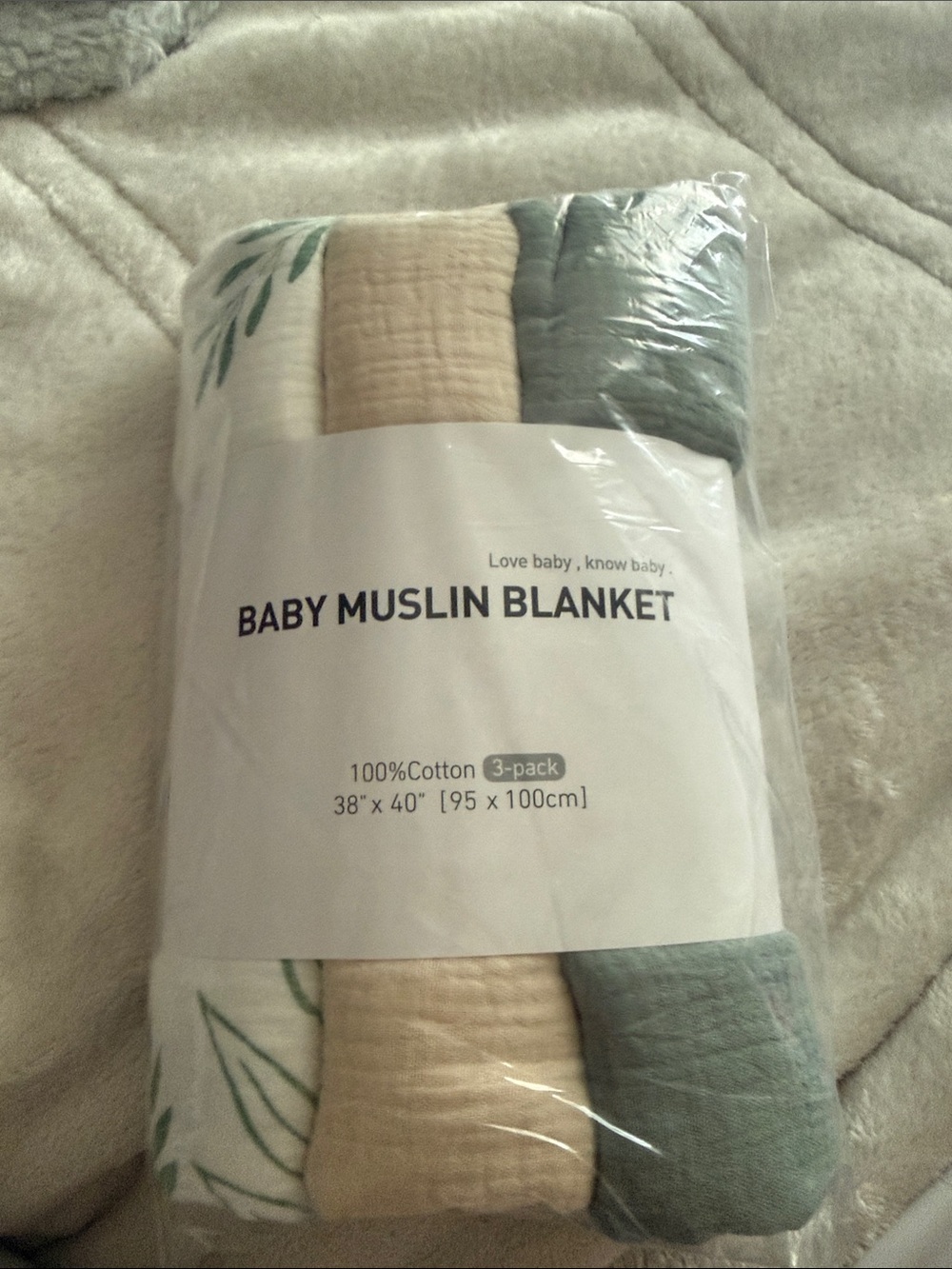 Baby Muslin Blanket 3-Pack - Sage, Cream & White